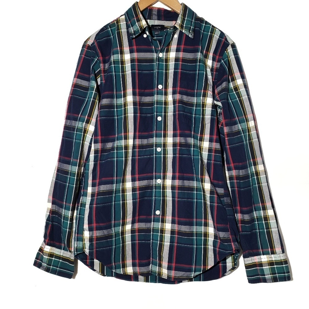 J.Crew Factory Winter Plaid Men's Button Down Shirt Top S Navy Green Red Holiday